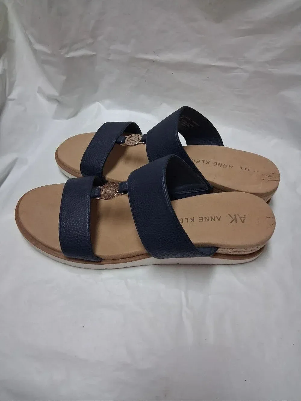Anne Klein Navy Double-Band Slide Sandals with Gold Medallion Size 10M Preowned